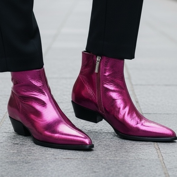 POLLINI Leather Metallic Cowboy Boot Fushia Size 39 IT = 7.5 US Coastal Cowgirl - Picture 1 of 16